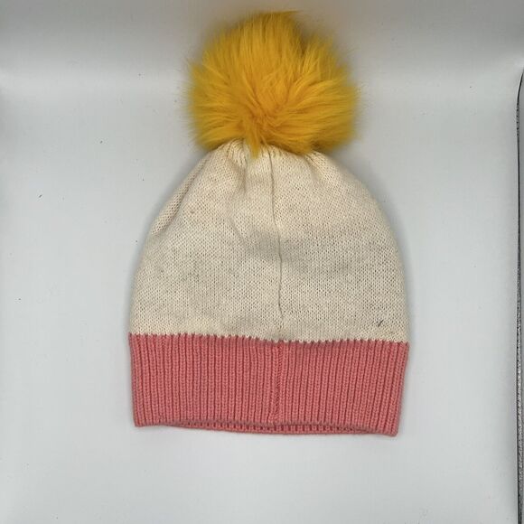 Baby Gap Size M / L SMILE Knit Beanie Ski Hat Cap with Pom Pom Rainbow Cream - Picture 3 of 8